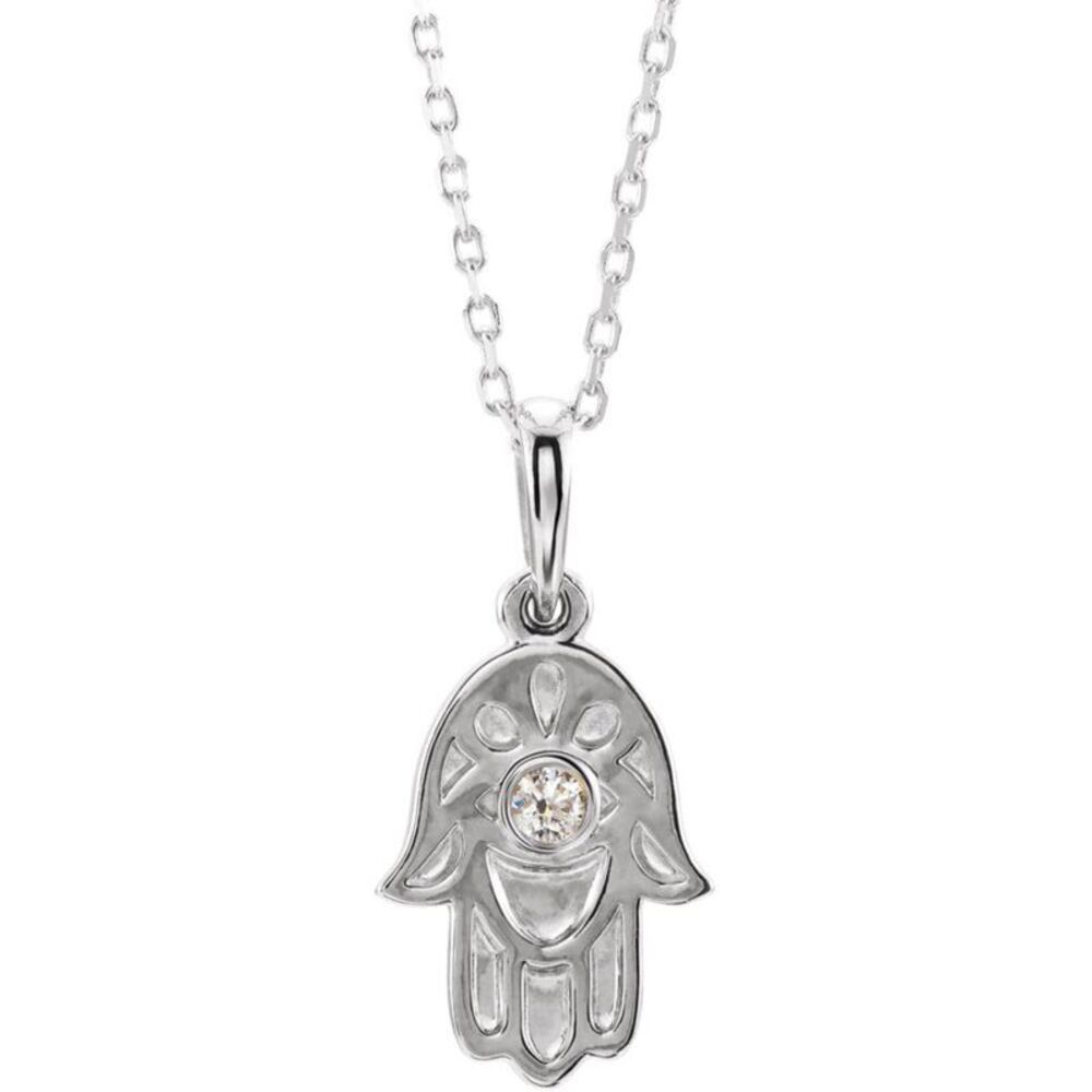 Sterling Silver .03 CT Diamond Small Hamsa Necklace, 16-18 Inch